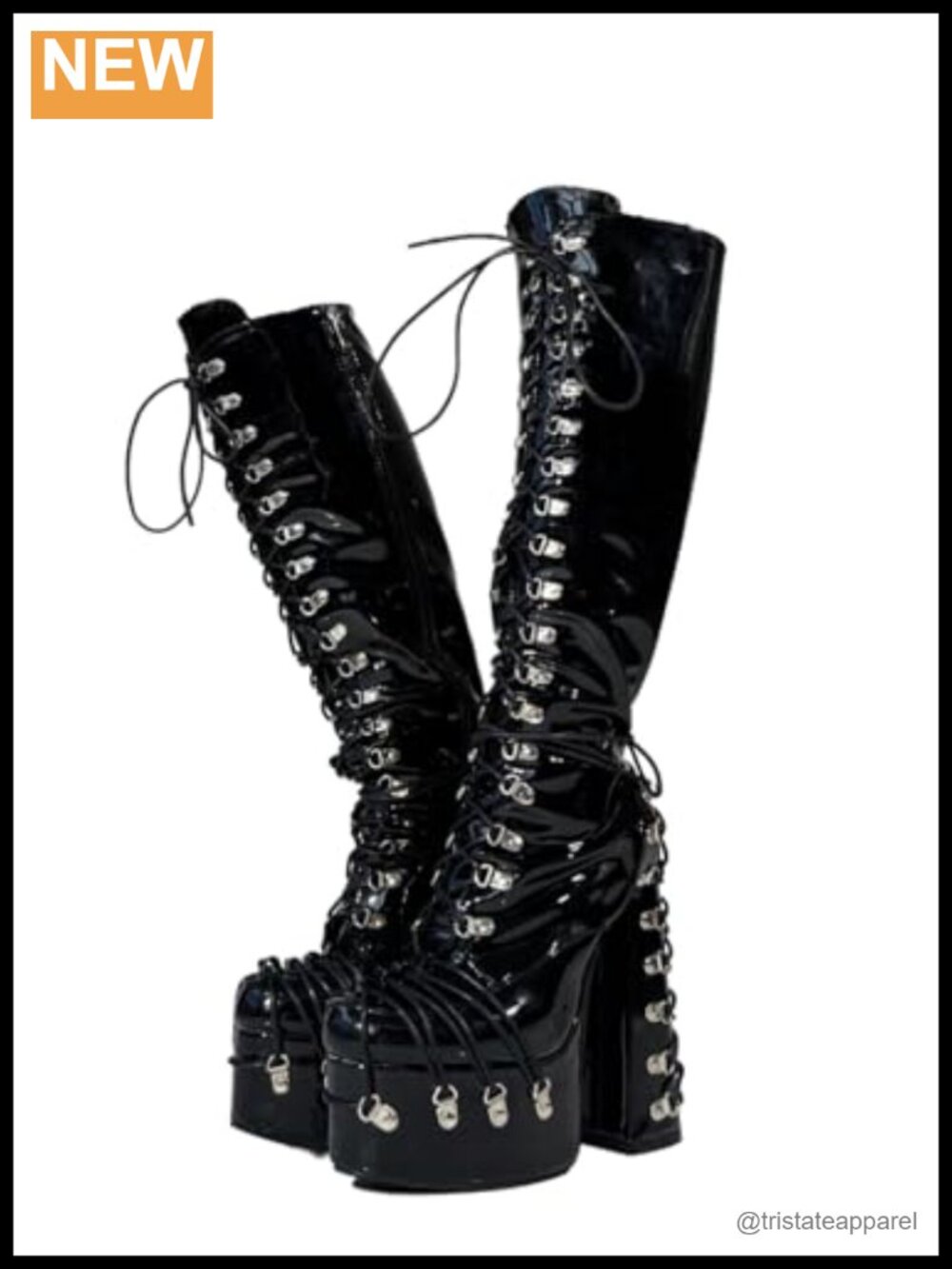Goth Chunky Platform Knee High Lace Up Boots, Black Patent Silver Multi Buckle